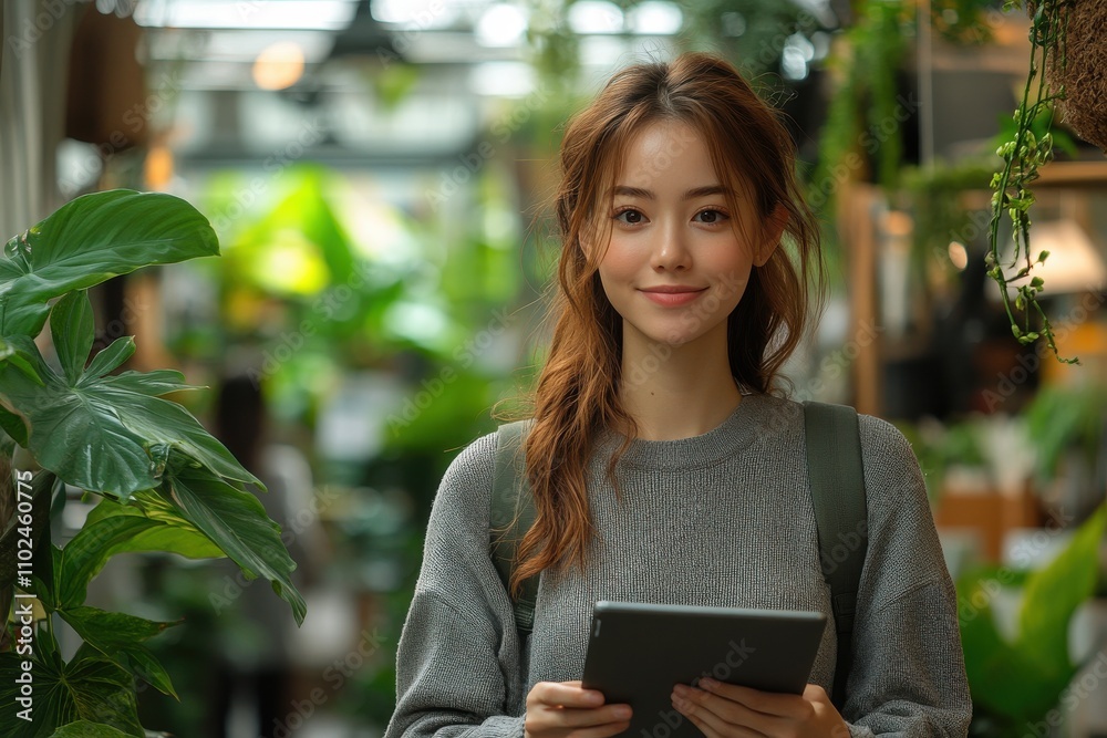 A woman wearing a gray sweater and holding a tablet. Generative AI A woman wearing a gray sweater and holding a tablet. Generative AI