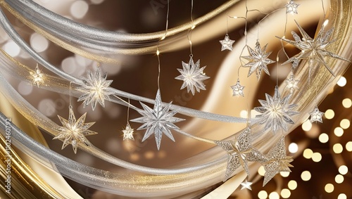 Luxurious Christmas Background with Silver and Gold Stars and Glowing Lights