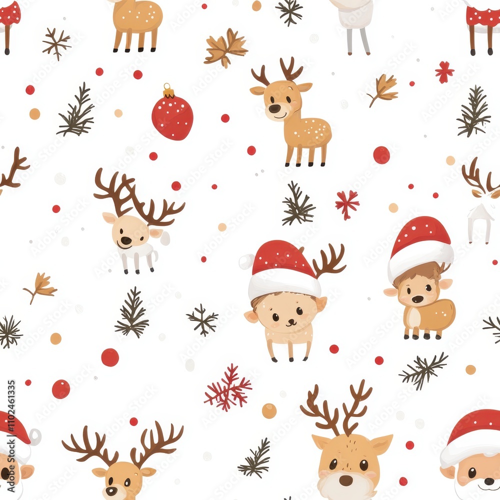 A pattern of reindeer with red hats and red bows. Generative AI A pattern of reindeer with red hats and red bows. Generative AI