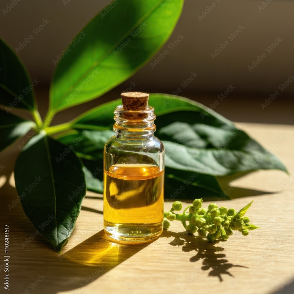 A beautiful, brightly lit still life of a glass bottle filled with ricin oil. A beautiful, brightly lit still life of a glass bottle filled with ricin oil.