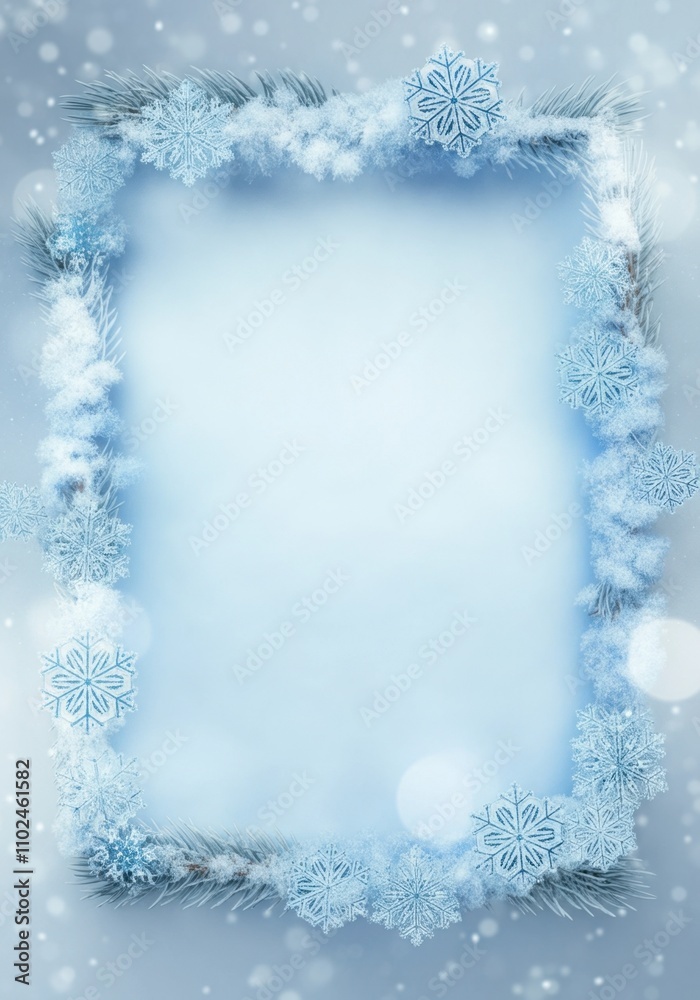 A delicate rectangular frame adorned with intricate blue snowflakes and pine branches, set against a transparent background. A delicate rectangular frame adorned with intricate blue snowflakes and pine branches, set against a transparent background.