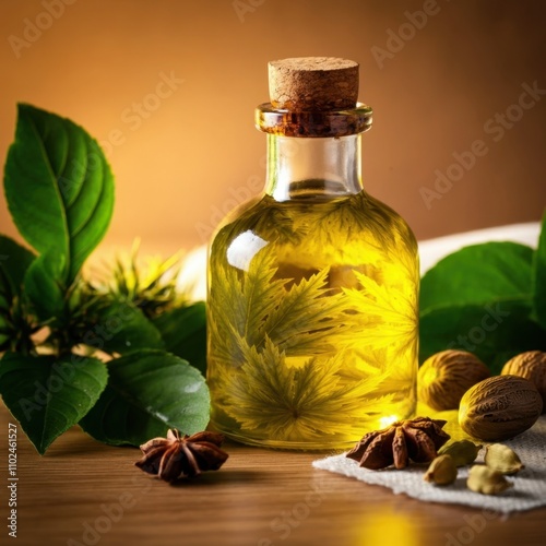 A beautiful, brightly lit still life of a glass bottle filled with ricin oil. photo
