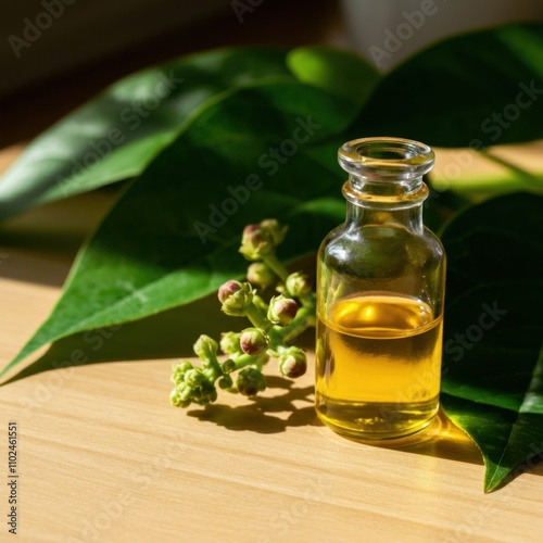 A beautiful, brightly lit still life of a glass bottle filled with ricin oil.