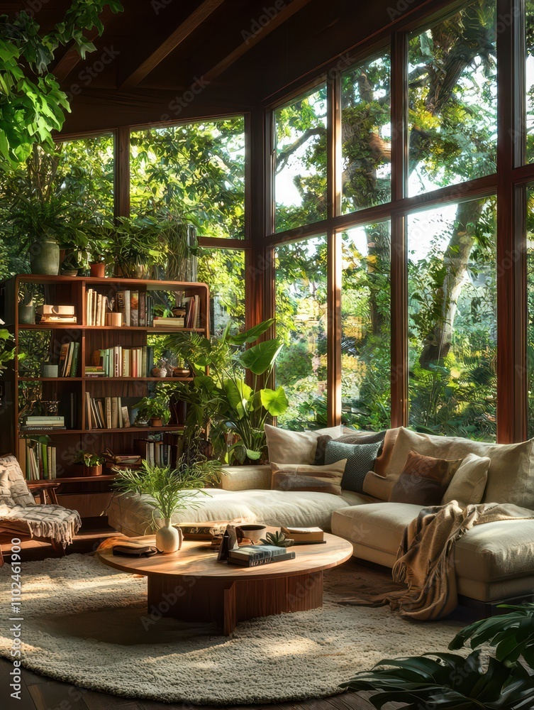 Bright and airy living room filled with greenery and sunlight, featuring modern furniture and a cozy bookshelf Bright and airy living room filled with greenery and sunlight, featuring modern furniture and a cozy bookshelf
