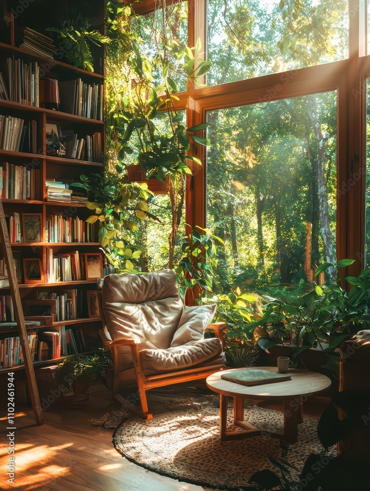 Fototapeta premium A bright living room filled with plants and sunlight creating a cozy and inviting reading space