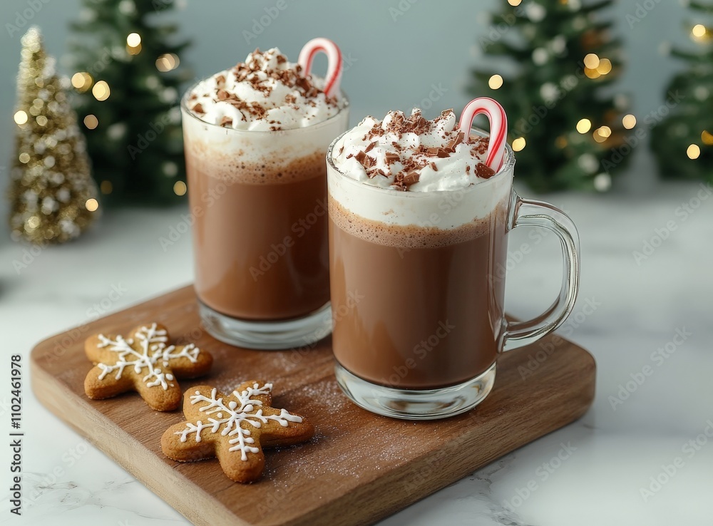 Festive hot chocolate with whipped cream and candy canes on wooden tray. Festive hot chocolate with whipped cream and candy canes on wooden tray.