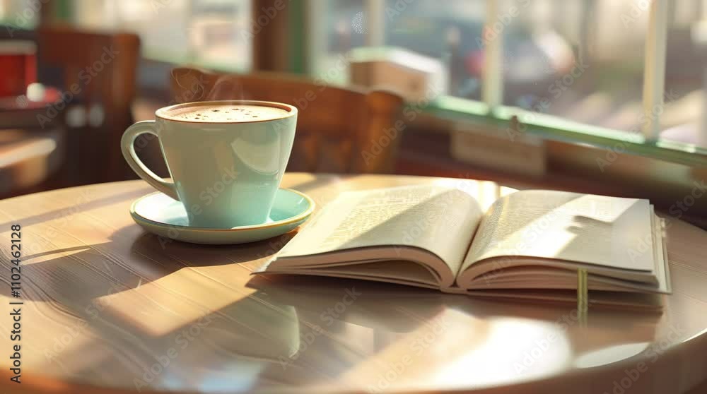 Cup of coffee and an open book by a sunlit window, peaceful morning ambiance  
Seamless looping 4k time-lapse virtual video animation Generated AI