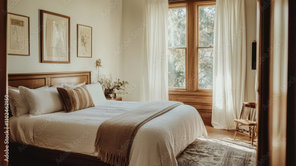 A serene bedroom featuring natural light, a cozy bed, and inviting decor in a tranquil setting during daylight hours A serene bedroom featuring natural light, a cozy bed, and inviting decor in a tranquil setting during daylight hours