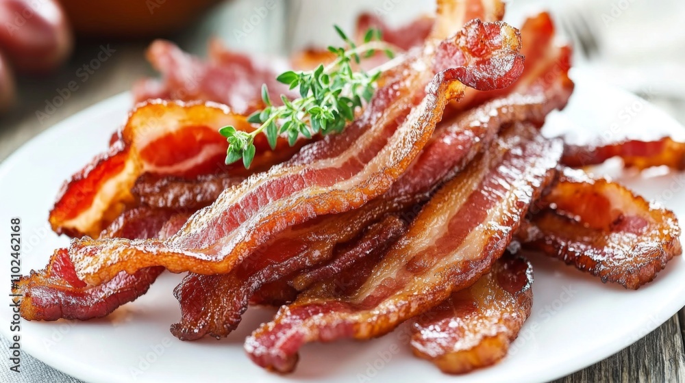 Crispy Bacon Strips Glazed with Flavor on White Plate with Herb Crispy Bacon Strips Glazed with Flavor on White Plate with Herb