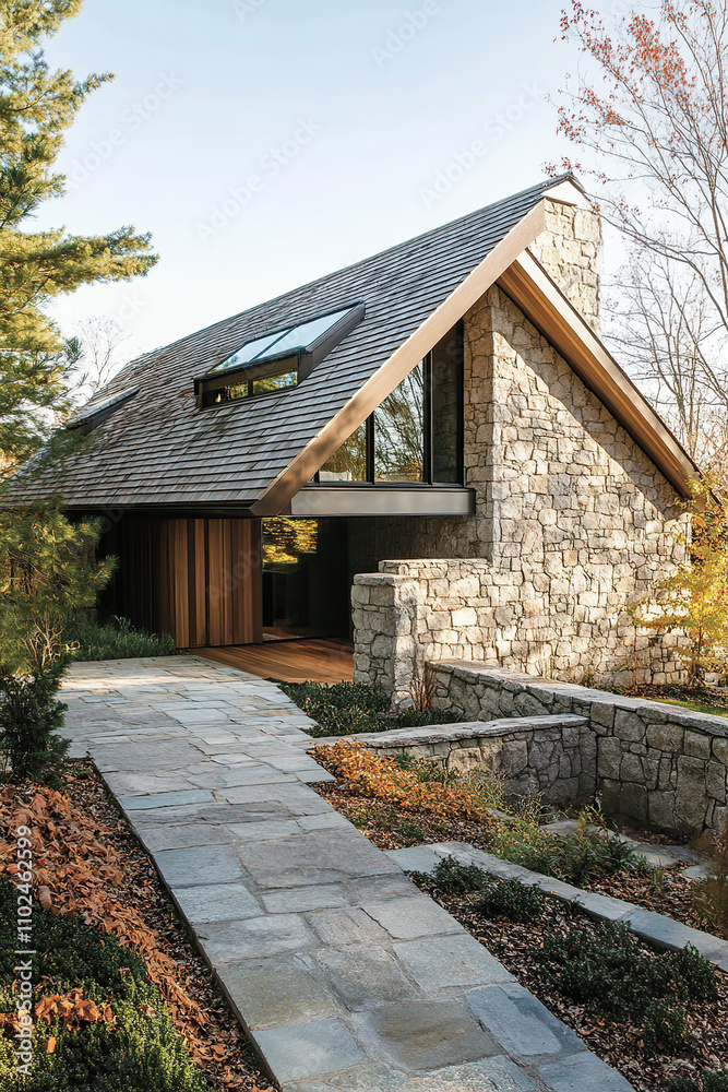 An exterior shot of an organic, modern stone and wood home in the Adirondacks with a dark brown shingle roof, a flat roof over a garden wall, a stone path leading to the front door, and natural light. An exterior shot of an organic, modern stone and wood home in the Adirondacks with a dark brown shingle roof, a flat roof over a garden wall, a stone path leading to the front door, and natural light.