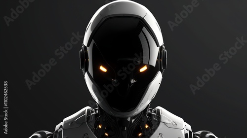 A futuristic robot with glowing eyes stares intensely from within a white helmet. photo