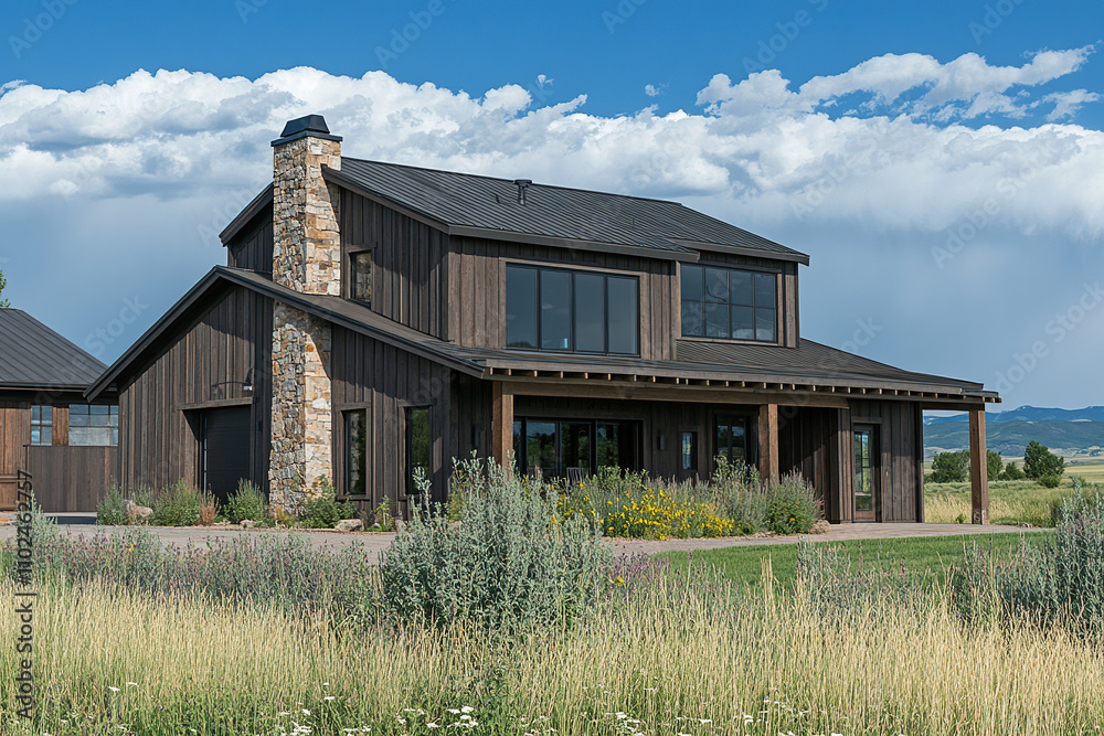 A rustic and elegant barn-style home with dark wood accents, large windows, a stone chimney, surrounded by tall grasses under clear blue skies in Colorado. The house has two stories. A rustic and elegant barn-style home with dark wood accents, large windows, a stone chimney, surrounded by tall grasses under clear blue skies in Colorado. The house has two stories.