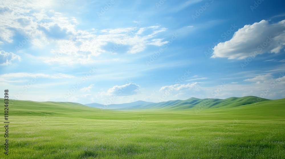 Idyllic Summer Landscape Vast Green Rolling Hills, Blue Sky, Fluffy White Clouds, and Sunshine Idyllic Summer Landscape Vast Green Rolling Hills, Blue Sky, Fluffy White Clouds, and Sunshine