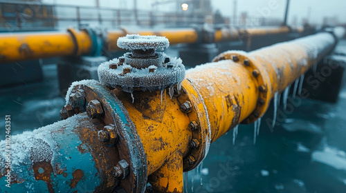 A frosted pipeline with rusted bolts, covered in snow, highlighting cold weather conditions