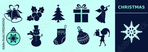 Christmas festive LINE icon set for logo and digital work. Snowflake, mistletoe, angel, bells, present, Christmas tree, elf, snowman. Editable elements, size and color.