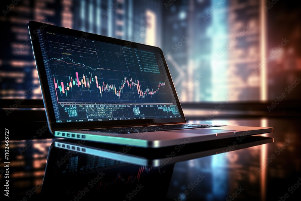 Financial analysis and stock market charts displayed on laptop in professional office environment with city view. Financial analysis and stock market charts displayed on laptop in professional office environment with city view.