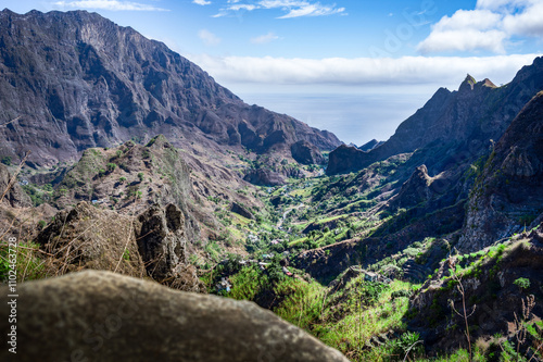 The majestic and lush Paul valley under warm sun on a day hike. Santo Antao island, Cape Verde