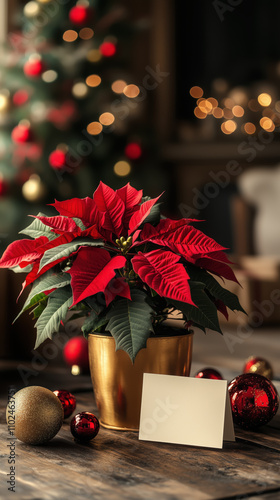 Festive poinsettia with christmas ornaments and blank card on vertical background.