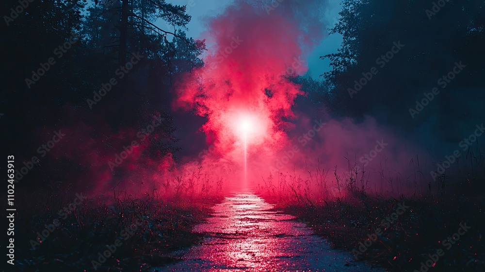 Mysterious Night City: Dark Street, Neon Lights, and Smoky Atmosphere Mysterious Night City: Dark Street, Neon Lights, and Smoky Atmosphere
