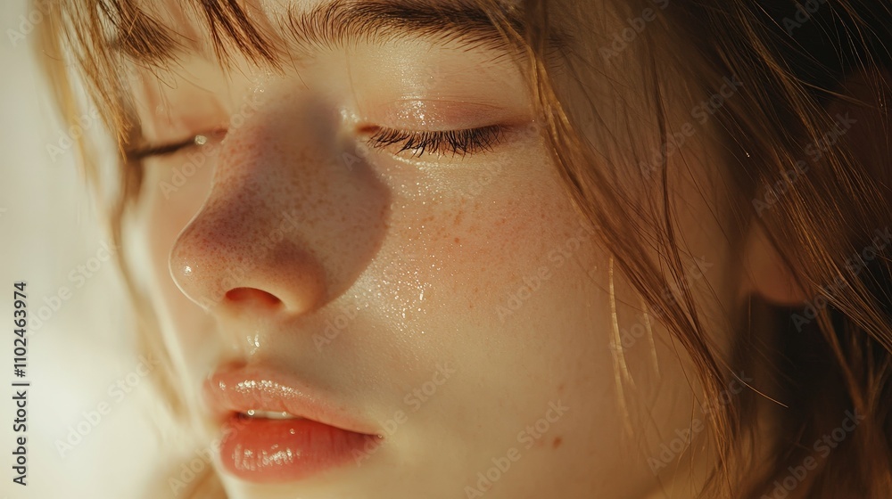 Close-up of a young woman with a tear rolling down her cheek, soft focus background, Close-up of a young woman with a tear rolling down her cheek, soft focus background,