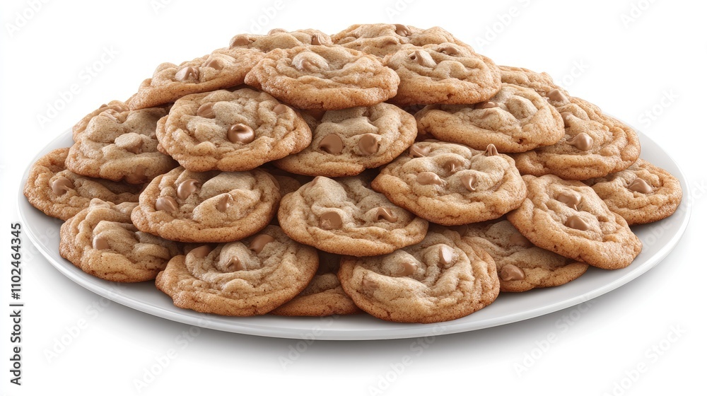 A pile of homemade chocolate chip cookies sits invitingly on a white plate, perfect for sharing or enjoying alone during any snack time A pile of homemade chocolate chip cookies sits invitingly on a white plate, perfect for sharing or enjoying alone during any snack time