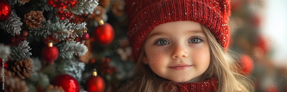 happy little girl wearing a cap outside in the snow looking at christmas tree happy little girl wearing a cap outside in the snow looking at christmas tree