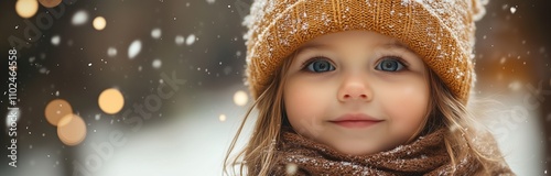happy little girl wearing a cap outside in the snow looking at christmas tree