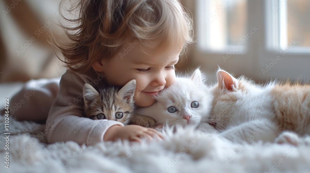 A cheerful toddler cuddles with three adorable kittens, radiating warmth and affection in a cozy home setting. A cheerful toddler cuddles with three adorable kittens, radiating warmth and affection in a cozy home setting.
