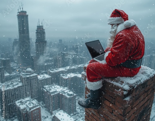 Santa Claus sitting on a chimney with holiday gifts under the starry sky