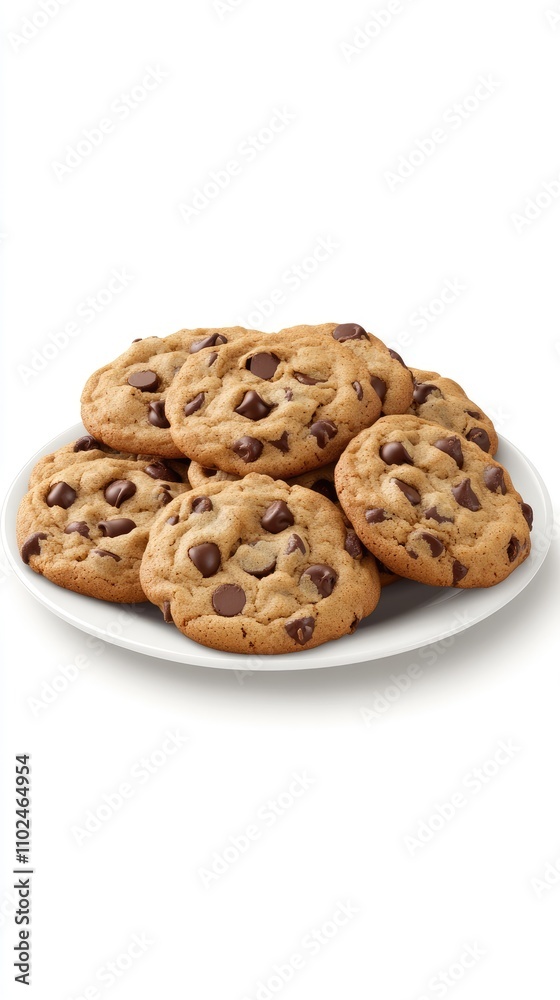 A pile of homemade chocolate chip cookies sits invitingly on a white plate, perfect for sharing or enjoying alone during any snack time A pile of homemade chocolate chip cookies sits invitingly on a white plate, perfect for sharing or enjoying alone during any snack time