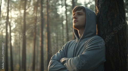 Young man in a gray hoodie leaning against a tree in a forest, arms crossed, looking contemplatively into the distance, soft natural light filtering through trees, nature and solitude