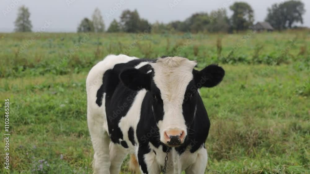 young bull grazing in a meadow in summer on a farm young bull grazing in a meadow in summer on a farm