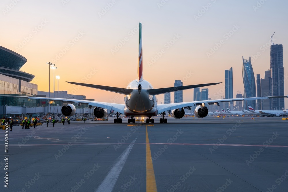 A striking image of a modern aircraft on the tarmac at sunset, highlighting the essence of air travel, sophistication, and the bustling energy of a large international airport. A striking image of a modern aircraft on the tarmac at sunset, highlighting the essence of air travel, sophistication, and the bustling energy of a large international airport.