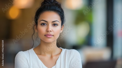 woman in office discussing project with colleagues neutral lighting blurred furniture in background