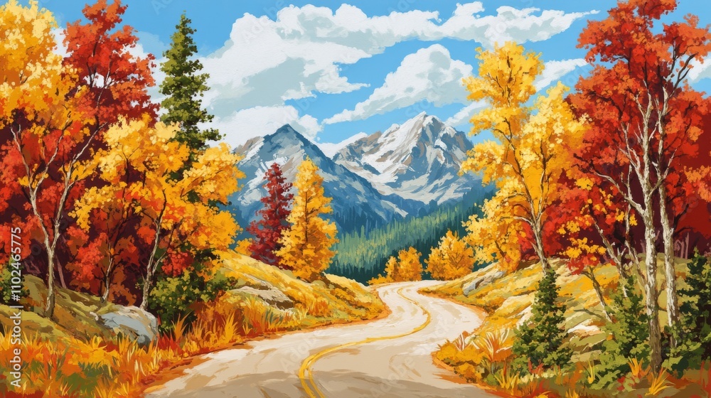 Vibrant Autumn Landscape with Scenic Mountain Road and Colorful Trees Vibrant Autumn Landscape with Scenic Mountain Road and Colorful Trees