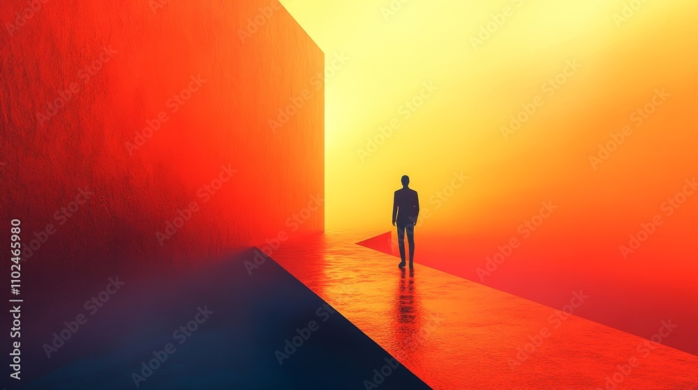 A man walks down a path in front of a red wall A man walks down a path in front of a red wall