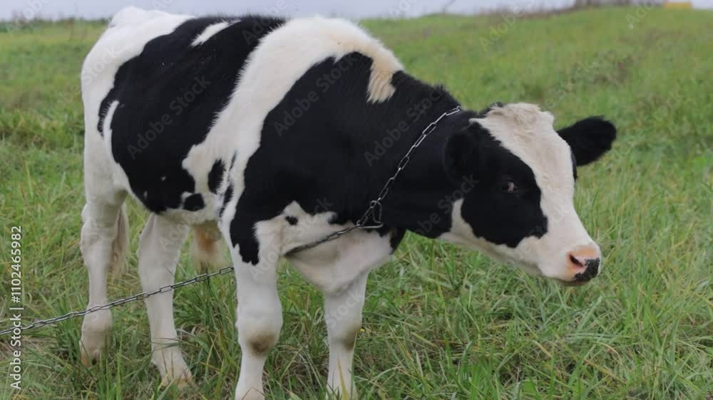 young bull grazing in a meadow in summer on a farm young bull grazing in a meadow in summer on a farm