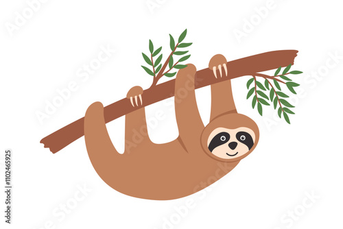 Adorable hand drawn sloth hanging on tree with leaves. Hand drawn funny tropical bear