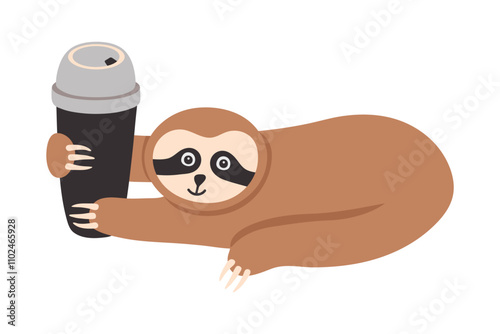 Adorable sloth with coffee tumbler cartoon. Hand drawn tropical bear with take away coffee