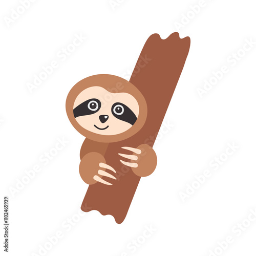 Adorable hand drawn sloth hugs tree branch. Hand drawn funny tropical bear cartoon