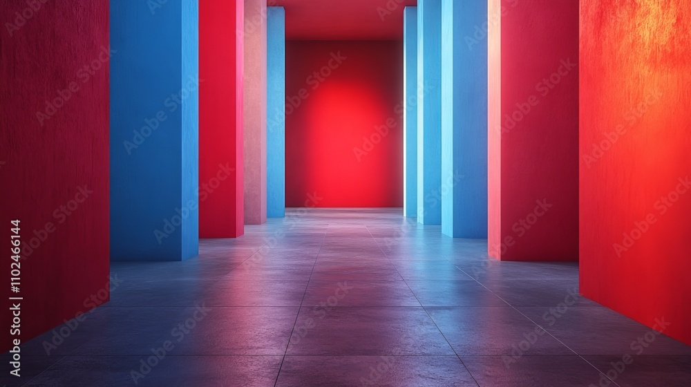 A long hallway with blue and red walls A long hallway with blue and red walls