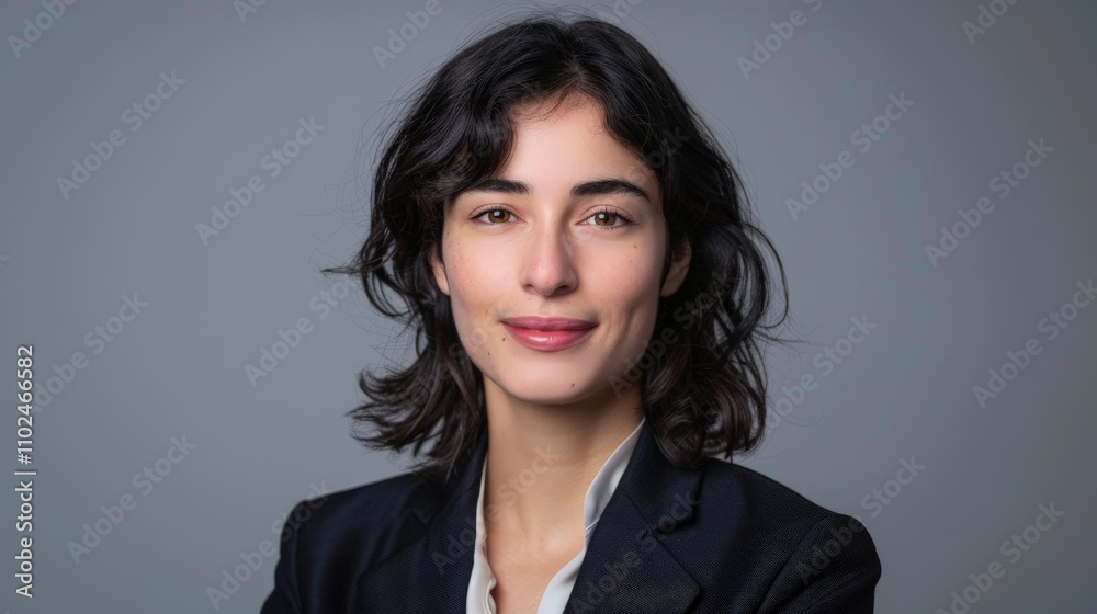 A woman with curly hair presents a confident expression, dressed in a dark blazer and white shirt, showcasing professionalism in a studio setting A woman with curly hair presents a confident expression, dressed in a dark blazer and white shirt, showcasing professionalism in a studio setting