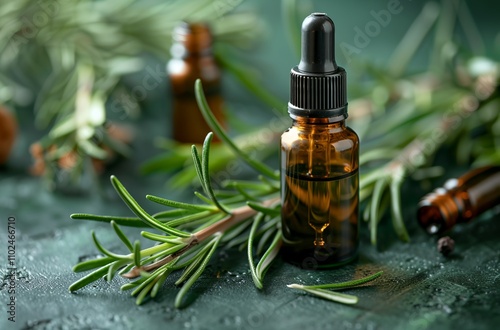 a bottle of essential oil with a sprig of rosemary on a table