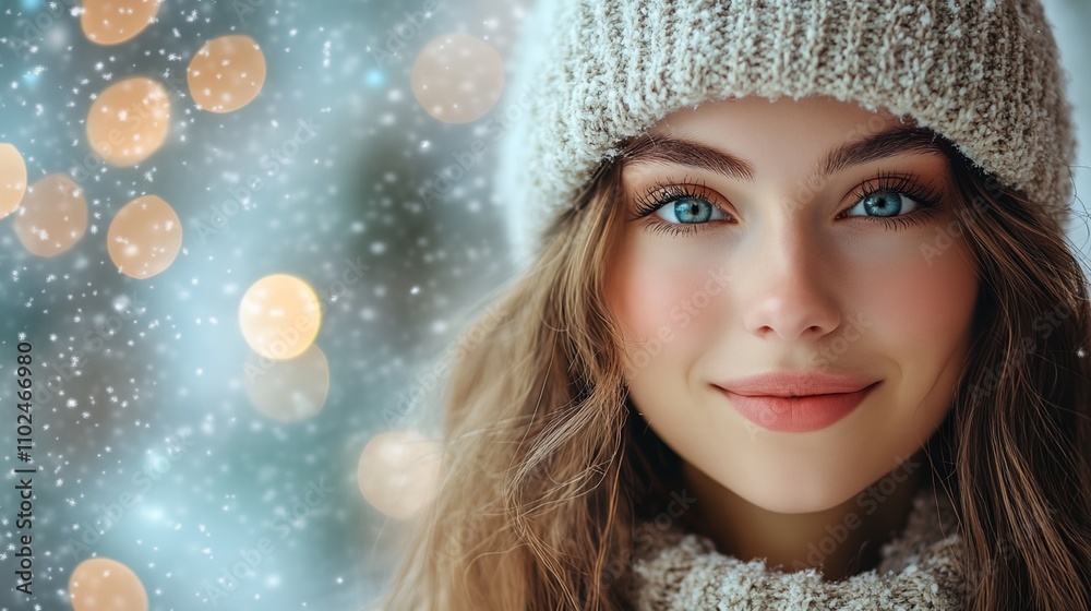 A woman with a white hat and a blue eye shadow is smiling. The photo has a wintery feel to it, with snow in the background A woman with a white hat and a blue eye shadow is smiling. The photo has a wintery feel to it, with snow in the background