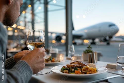 A tranquil indoor dining experience featuring a beautifully plated meal and a glass of wine, framed by a view of an airplane in the background showcasing stylish travel. photo