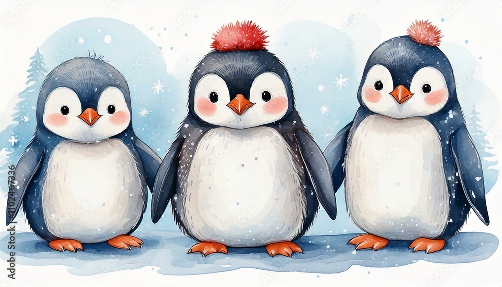Fototapeta premium Cute Watercolor Penguins Winter Watercolor vector images create your own combinations as mommy daddy family of 3, brother sister and other