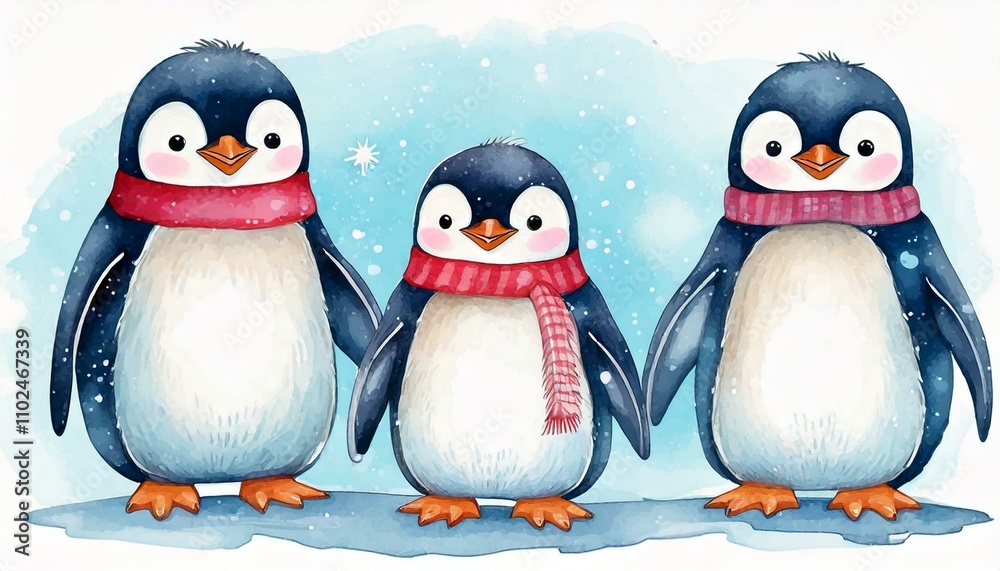 Obraz premium Cute Watercolor Penguins Winter Watercolor vector images create your own combinations as mommy daddy family of 3, brother sister and other