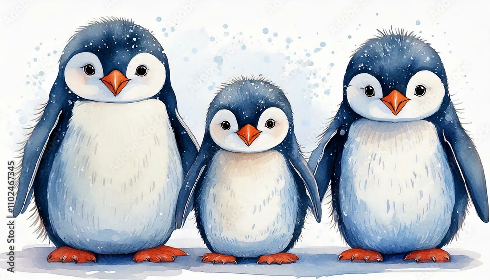 Fototapeta premium Cute Watercolor Penguins Winter Watercolor vector images create your own combinations as mommy daddy family of 3, brother sister and other