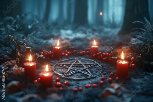 Pagan star shaped symbol with red candles in snowy night winter forest. Winter solstice holiday. Yule, Korochun. Wiccan pagan religion. Magic or esoteric dark ritual, satanism cult photo