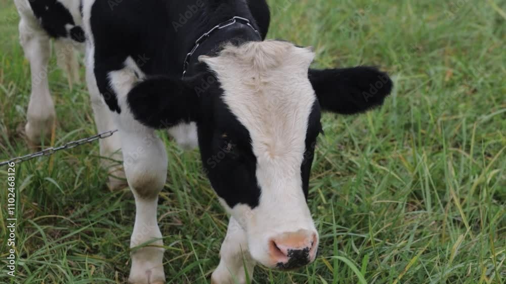 young bull grazing in a meadow in summer on a farm young bull grazing in a meadow in summer on a farm